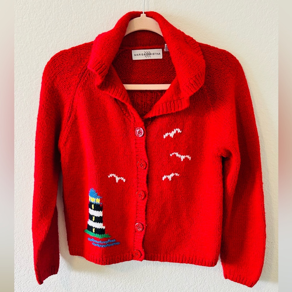 Vintage Marisa Christina Red Cardigan Nautical Lighthouse‎ SZ S